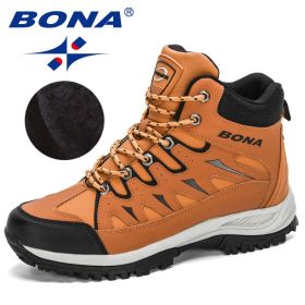 BONA 2022 New Designers Nubuck Mountain Climbing Shoes Men Plush Quality Outdoor Trekking Shoes Man Sneakers Hunting Boots Comfy (Color: Light brown black, size: 8)