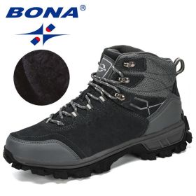 BONA New Designers Genuine Leather Hiking Shoes Winter Sneakers Men Mountain Man Tactical Hunting Footwear Plush Warm Shoes (Color: Dark grey S gray, size: 10)