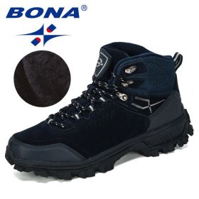 BONA New Designers Genuine Leather Hiking Shoes Winter Sneakers Men Mountain Man Tactical Hunting Footwear Plush Warm Shoes (Color: Deep blue S gray, size: 9.5)