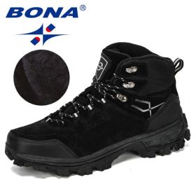 BONA New Designers Genuine Leather Hiking Shoes Winter Sneakers Men Mountain Man Tactical Hunting Footwear Plush Warm Shoes (Color: Black silver gray, size: 10.5)