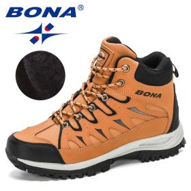 BONA 2022 New Designers Nubuck Mountain Climbing Shoes Men Plush Quality Outdoor Trekking Shoes Man Sneakers Hunting Boots Comfy (Color: Earth yellow black, size: 8)